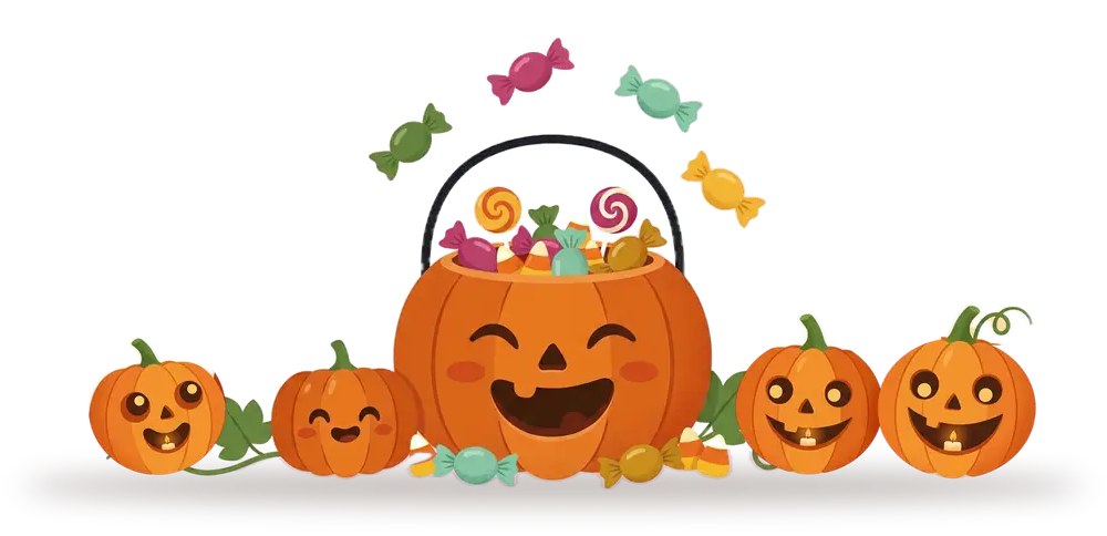 Carved pumpkins smiling around a pumpkin treat bucket